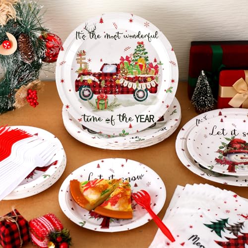 Umigy White Christmas Plates Napkins Set - Snowman & Buffalo Plaid Party Supplies, Serve 24