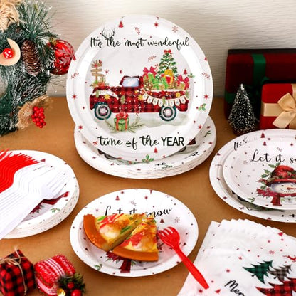 Umigy White Christmas Plates Napkins Set - Snowman & Buffalo Plaid Party Supplies, Serve 24