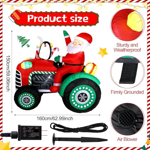 5ft Christmas Inflatable Santa Tractor with Penguin & Lights Outdoor Yard Decor