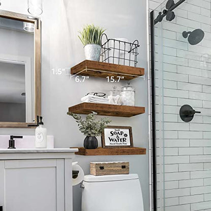 QEEIG Floating Shelves for Wall Bathroom Shelf Bedroom Kitchen Living Room Hanging Book Shelves Small Farmhouse Decor 16 inch Set of 3, Rustic Brown (015-BN3)