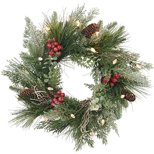 18-Inch Pre-lit Christmas Wreath with Battery-Operated LED Lights, Flocked Branches — Indoor & Outdoor Decor