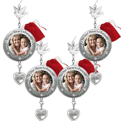 Memorial Christmas Photo Ornaments Set of 4 - Heartfelt Keepsakes for 2026 - Clear Gems & Floral Accents - Includes Gift Bags - 3" Diameter
