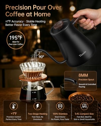 Gooseneck Electric Kettle with Temperature Control 0.9L Black Wood - Precise Heating