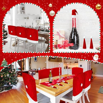 2PCS Christmas Santa Hat Chair Covers with Tableware Holders - Red Holiday Decor