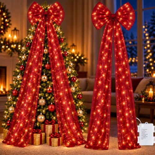 Burgundy Lighted Christmas Bow 71 Inch Tulle Tree Topper with Timer - Burgundy