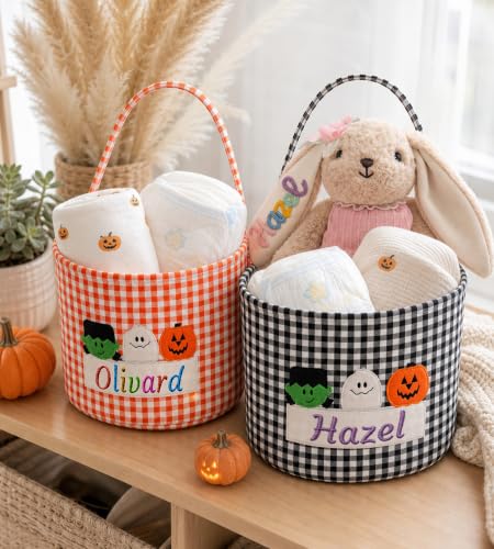 Personalized Halloween Gingham Basket with Embroidered Name - Black