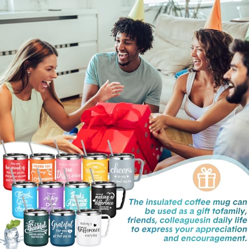 12-Pack Inspirational 17oz Coffee Mug Set with Handles Lids & Straws - Bulk Employee Appreciation Gift