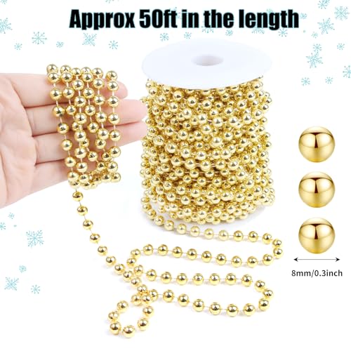 50ft Gold Christmas Beads Garland for Holiday Decor - Artificial Pearl Trim
