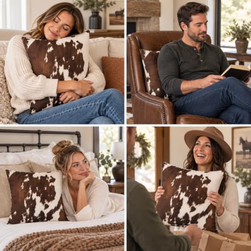 Brown Cowhide Print Throw Pillow with Insert - Rustic Farmhouse Decor 18x18