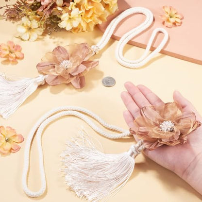Sandy Brown Amber Flower Curtain Tiebacks with Tassel and Pearl Bead - 2 Pcs