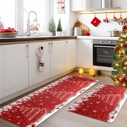 Christmas Kitchen Rugs Set - Red Sparkle Ornaments & White Tree Doormat, Washable Absorbent Floor Mats, 16x24 & 16x47 Inches