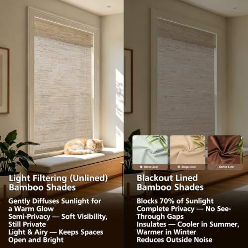 Natural Khaki Cordless Woven Wood Blinds - Blackout Bamboo Roman Shades