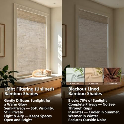 Natural Khaki Cordless Woven Wood Blinds - Blackout Bamboo Roman Shades