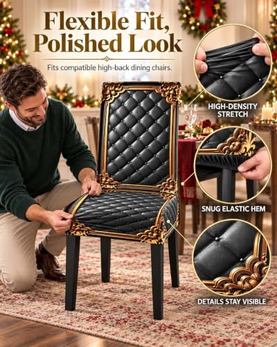 Washable Baroque Gilded Print Dining Chair Cover - Stretch Fit, Set of 4