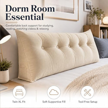Linen Tone Velvet Twin XL Dorm Headboard Pillow with Wedge Cushion - 23.6 x 19.7 x 7.9 in