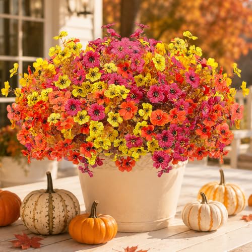 Artificial Fall Mums Flowers for Outdoors Porch Decoration - Burgundy, Orange, Yellow - 12 Bundles