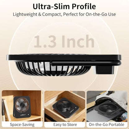 Lerat Portable Desk Fan Black - Rechargeable USB Mini Fan with LED Display, 5 Speeds, Foldable & Ultra-Quiet for Travel & Office