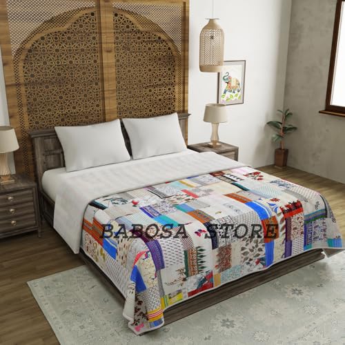 White Super King 108x108 Inch Handmade Patchwork Kantha Quilt Bedcover