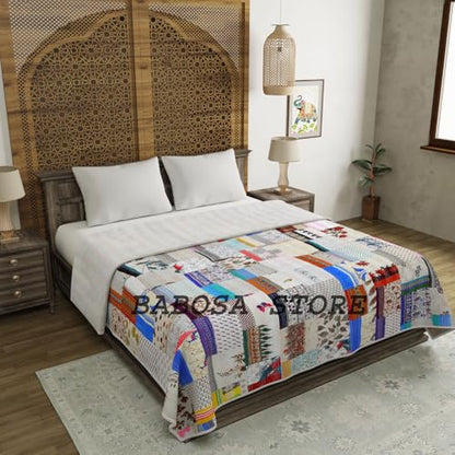 White Super King 108x108 Inch Handmade Patchwork Kantha Quilt Bedcover