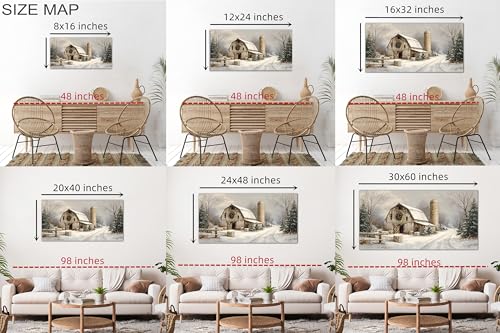 KVTM Winter Wall Art Canvas - Rustic Barn Snowy Landscape 12x24 Inches - Serene Farmhouse Decor