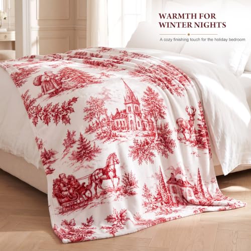 50x60 Flannel Christmas Throw Blanket with Vintage Toile Design