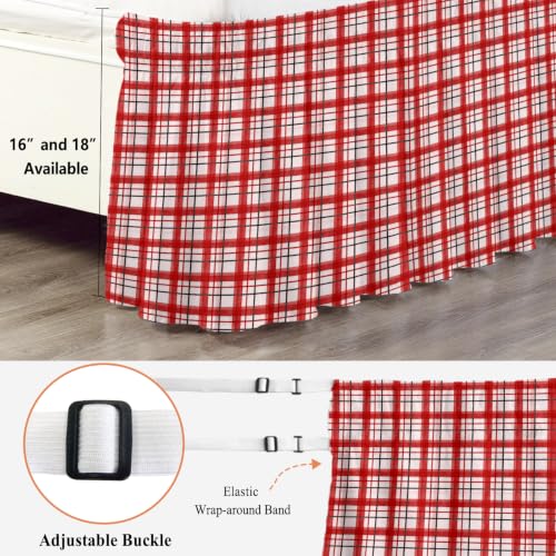 King Size Bed Skirt 16 Inch Drop Adjustable Elastic Dust Ruffle Wrap Around Bedskirt - Red Crimson Ruby & White
