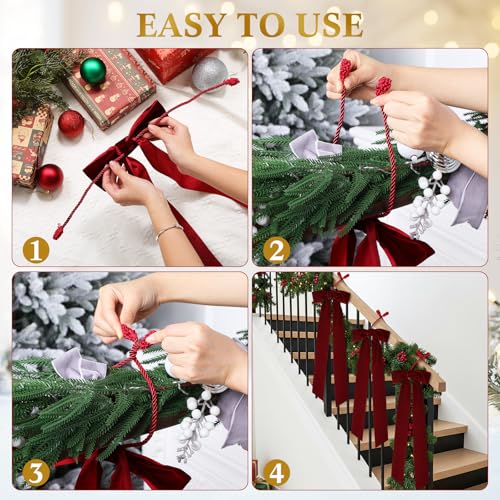 Christmas Garland Ties with Velvet Bows - Burgundy, 6 Pack