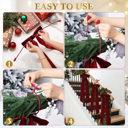 Christmas Garland Ties with Velvet Bows - Burgundy, 6 Pack