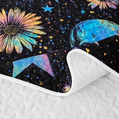 Halloween Skull Neon Glow Quilt Bedspread Set for Kids & Teens - Black Blue Pink, King Size