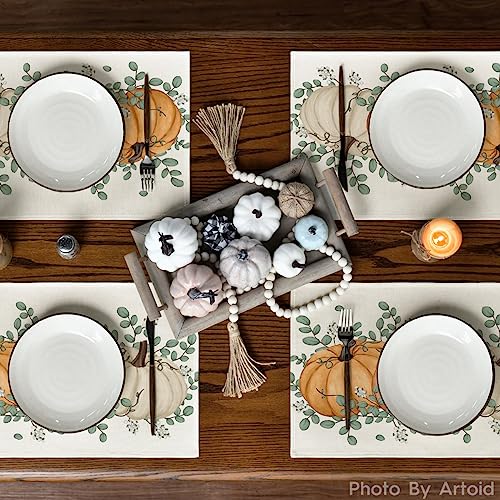 12x18 Inch Fall Placemats Set of 6 - Orange Pumpkin Eucalyptus Seasonal Table Decor