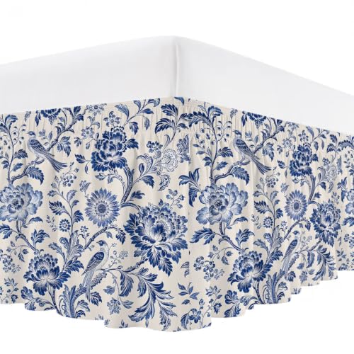 Queen Size Bed Skirt 16 Inch Drop Elastic Ruffled Bed Frame Cover Blue