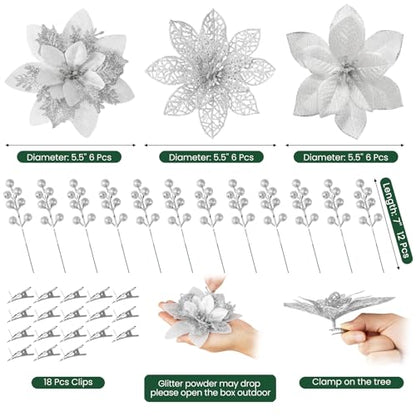 Artificial Christmas Poinsettia Flowers with Glitter - Silver, 30 pcs