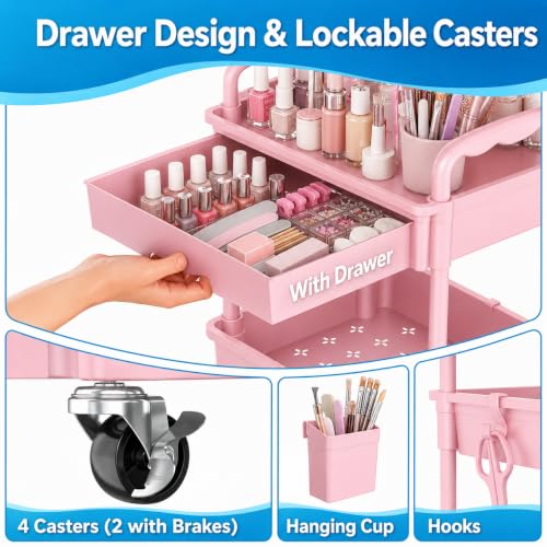 Pink 3-Tier Rolling Makeup Organizer with Removable Drawer and Wheels