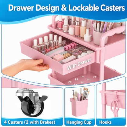 Pink 3-Tier Rolling Makeup Organizer with Removable Drawer and Wheels