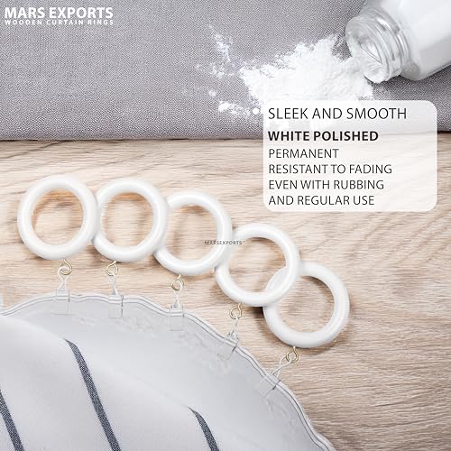 2 Inch Inner Diameter Wooden Curtain Rings with Clips - 12 Pack - White Farmhouse Style