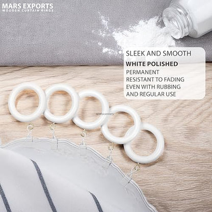 2 Inch Inner Diameter Wooden Curtain Rings with Clips - 12 Pack - White Farmhouse Style