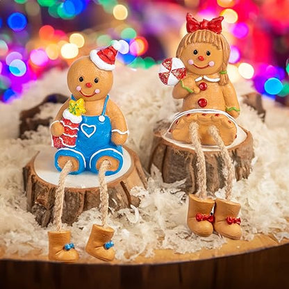 Christmas Gingerbread Man Figurines Set of 2 - Resin Decor with Dangling Legs