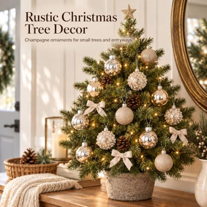Champagne Rustic Christmas Ornaments Set 16PCS 2.4 Inch - Evernne