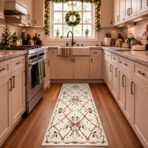 Morebes 2x6 Vintage Cream Red Christmas Runner Rug - Washable Entryway Mat