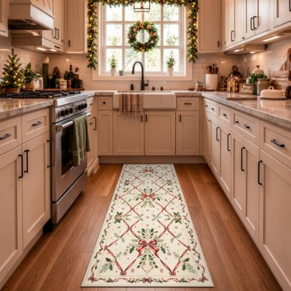 Morebes 2x6 Vintage Cream Red Christmas Runner Rug - Washable Entryway Mat