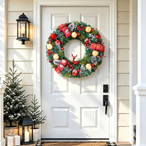 20-Inch Christmas Wreath with Lights Red & Green Reindeer Berries Cones Pine Needles - Front Door Decor