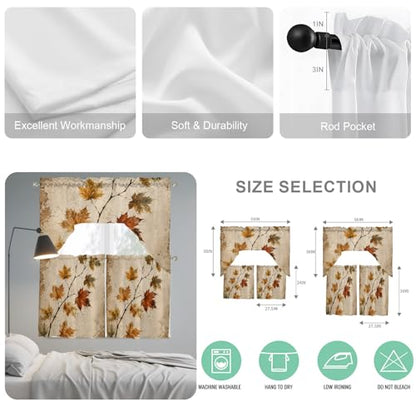 Brown Sienna Fall Maple Leaf Window Valance and Tier Curtains Set - 3 Pieces, 27.5W x 36L