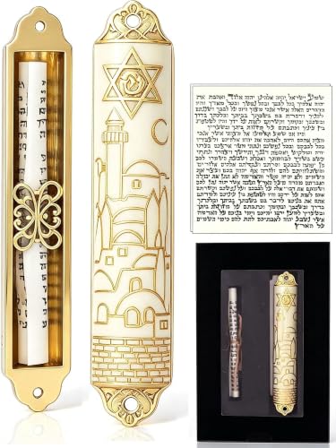 Enamel Mezuzah with Scroll for Door - Jerusalem Skyline Gold Embossed Design