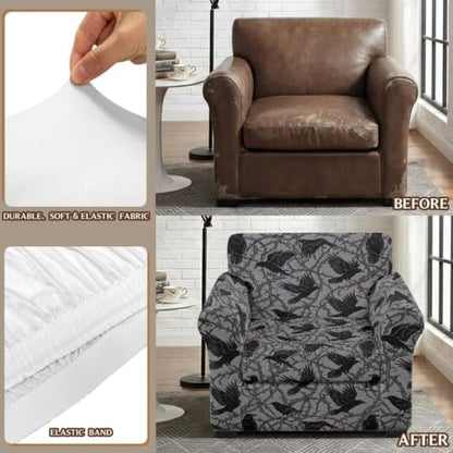 Gothic Crow Thorn Branch Universal Armchair Sofa Cover with Arms - Accent Chair Protector - Black+Pink
