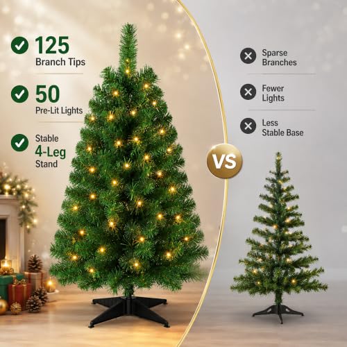 3FT Pre-lit Artificial Christmas Tree with 50 LED Lights - Green with Lights