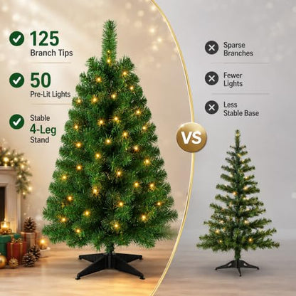 3FT Pre-lit Artificial Christmas Tree with 50 LED Lights - Green with Lights