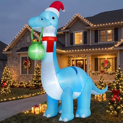12FT Blue Dinosaur Christmas Inflatable Decoration with Hat & Gift Sack - Kendane