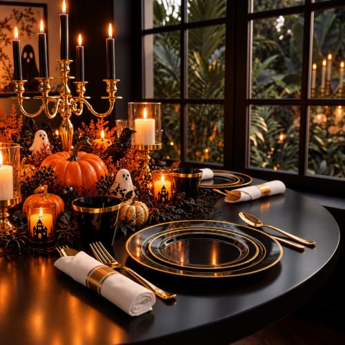 Black and Gold Plastic Dinnerware Set for 50 Guests - 350 Pieces, Includes Plates Cups Napkins