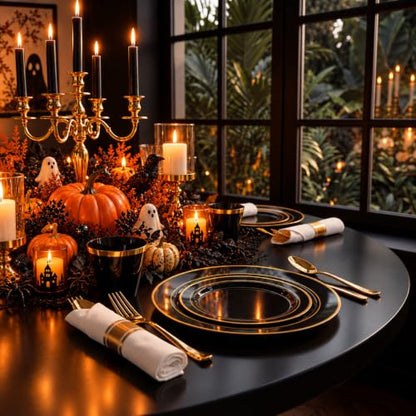 Black and Gold Plastic Dinnerware Set for 50 Guests - 350 Pieces, Includes Plates Cups Napkins