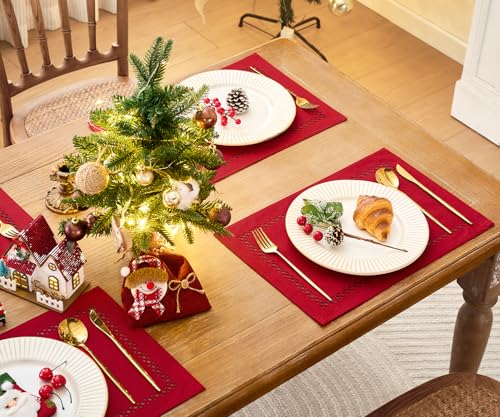 Red Burlap Placemats Set of 6 12x18 Inch Christmas Table Decor - Aoztio